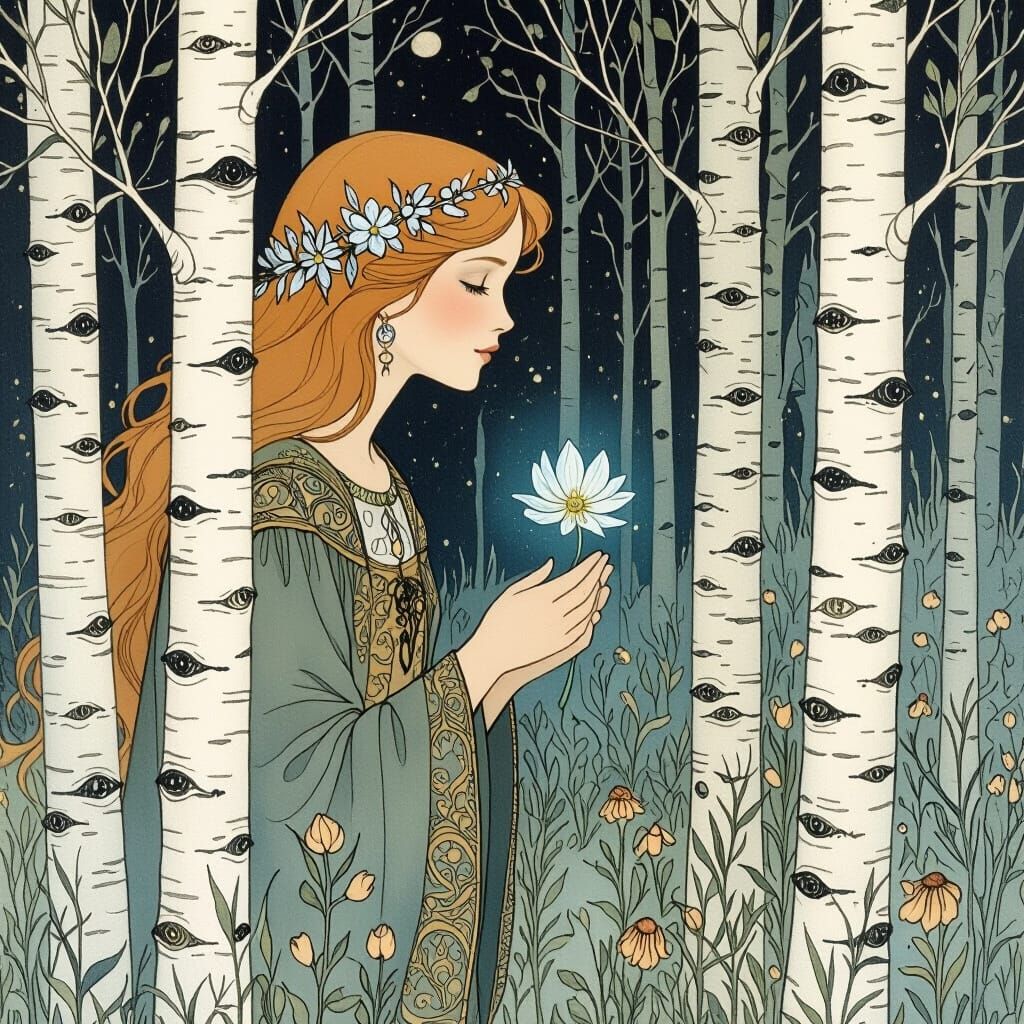 Wassilissa Finds Magic Flower in Mystical Birch Grove