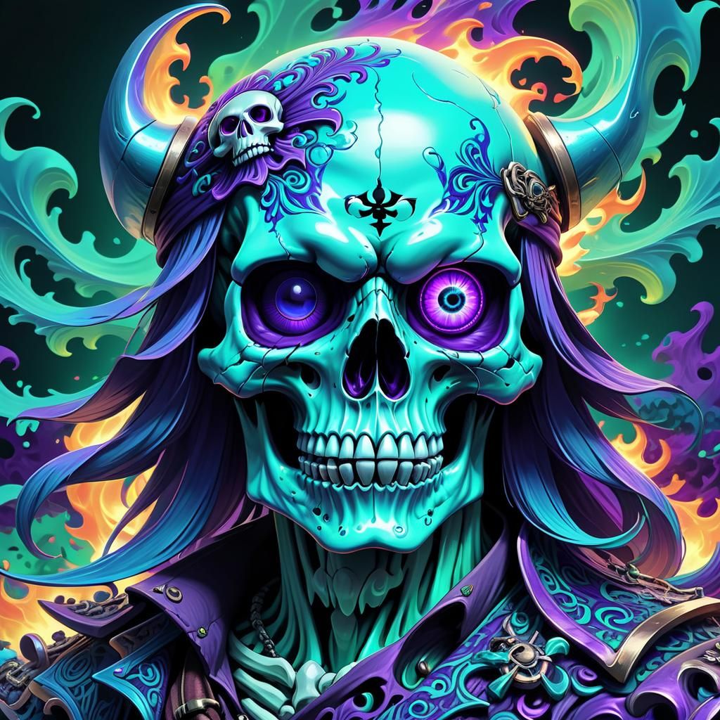 Flaming Ghost Skull Pirate in Anime Style