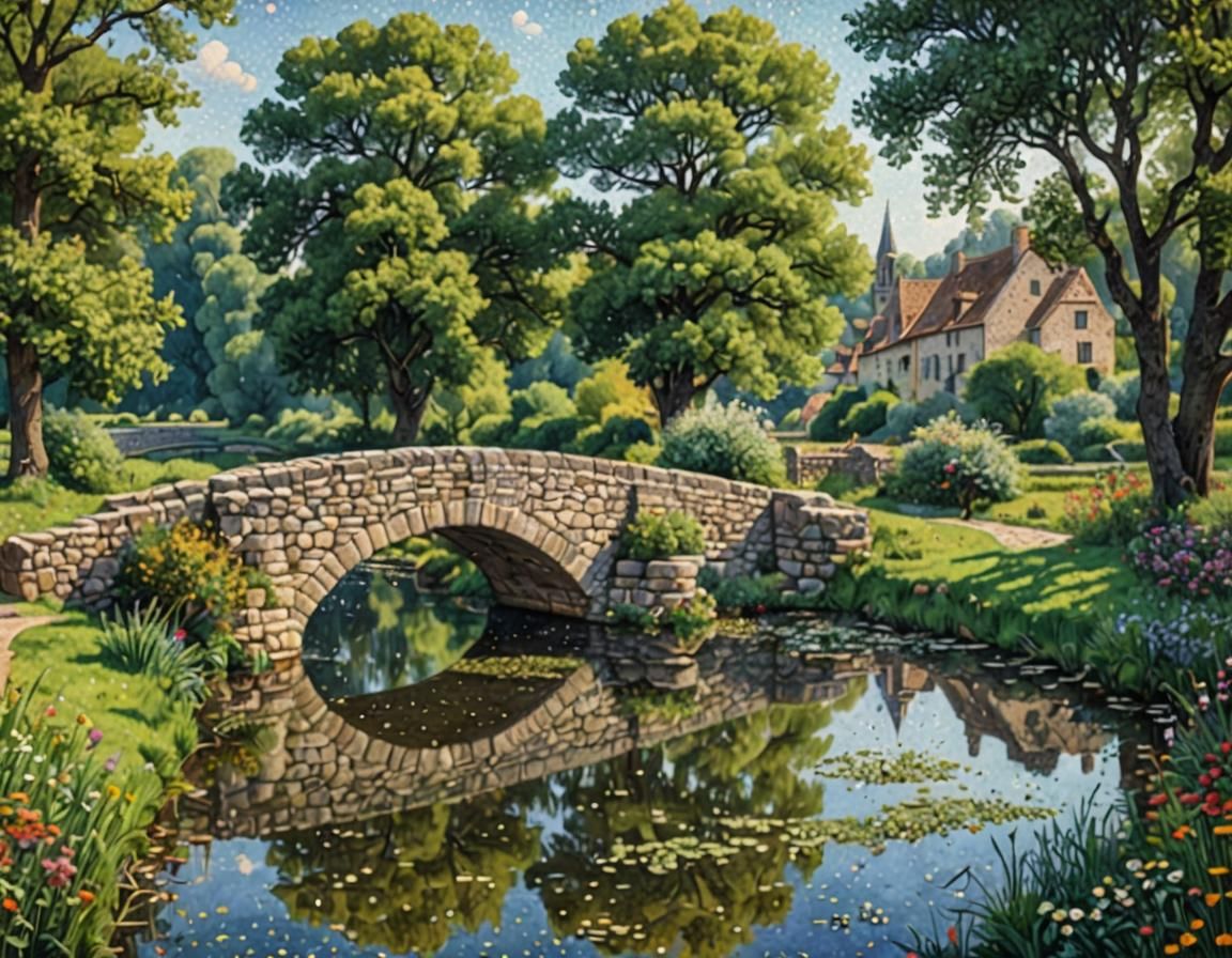 Pointillist River Reflections in Gustave Cariot Style