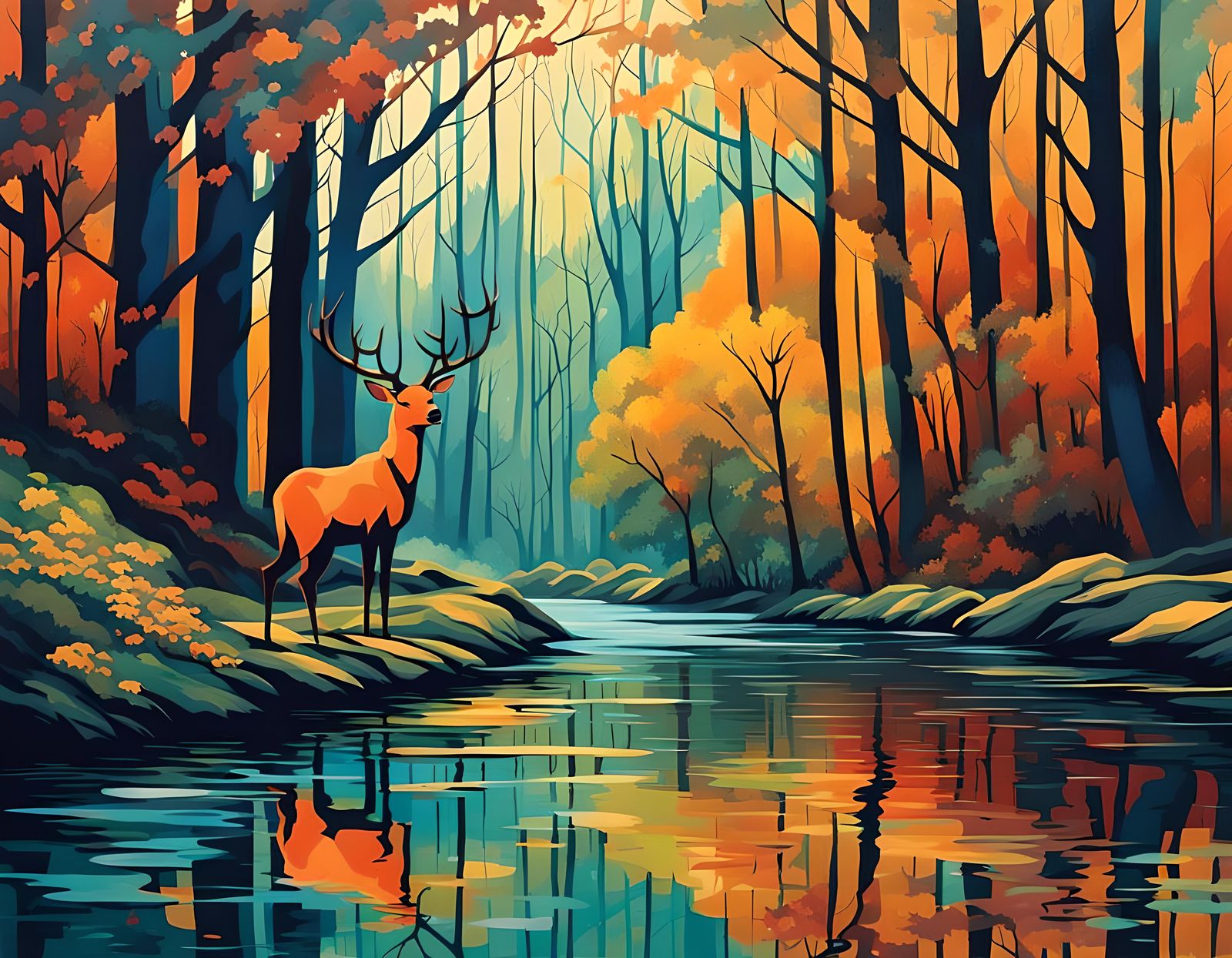 Deer Drinking from River in Forest: Abstract Art