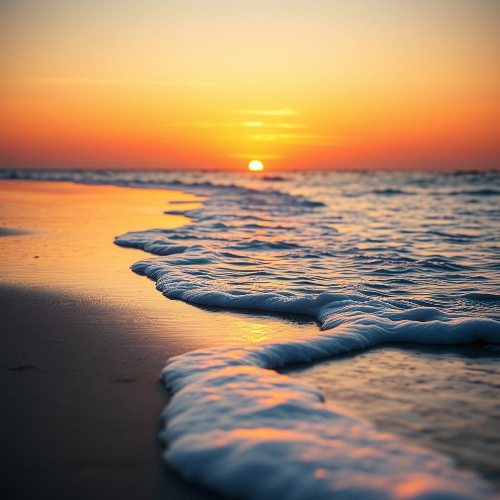 Serene Beach Scene at Sunset with Hyperrealistic Detail