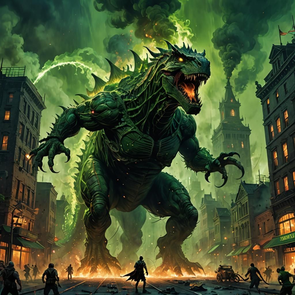 Titanic Reptilian Creature Breathes Fire, Dark Fantasy Art