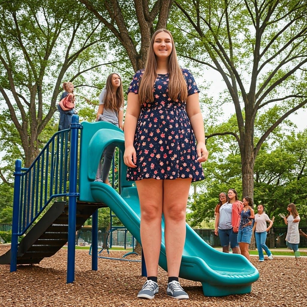 Giant Teen Girl Smiles with Friends in Park