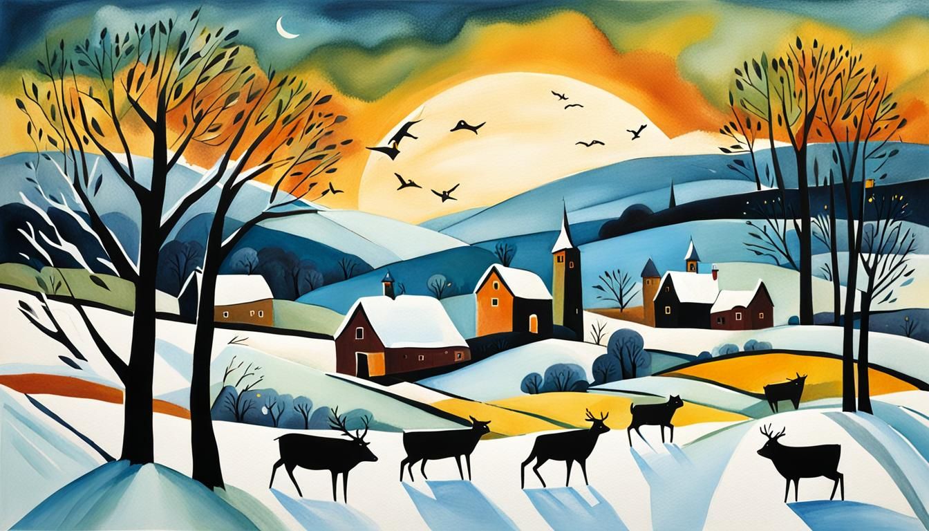 Whimsical Winter Countryside in Decorative Style