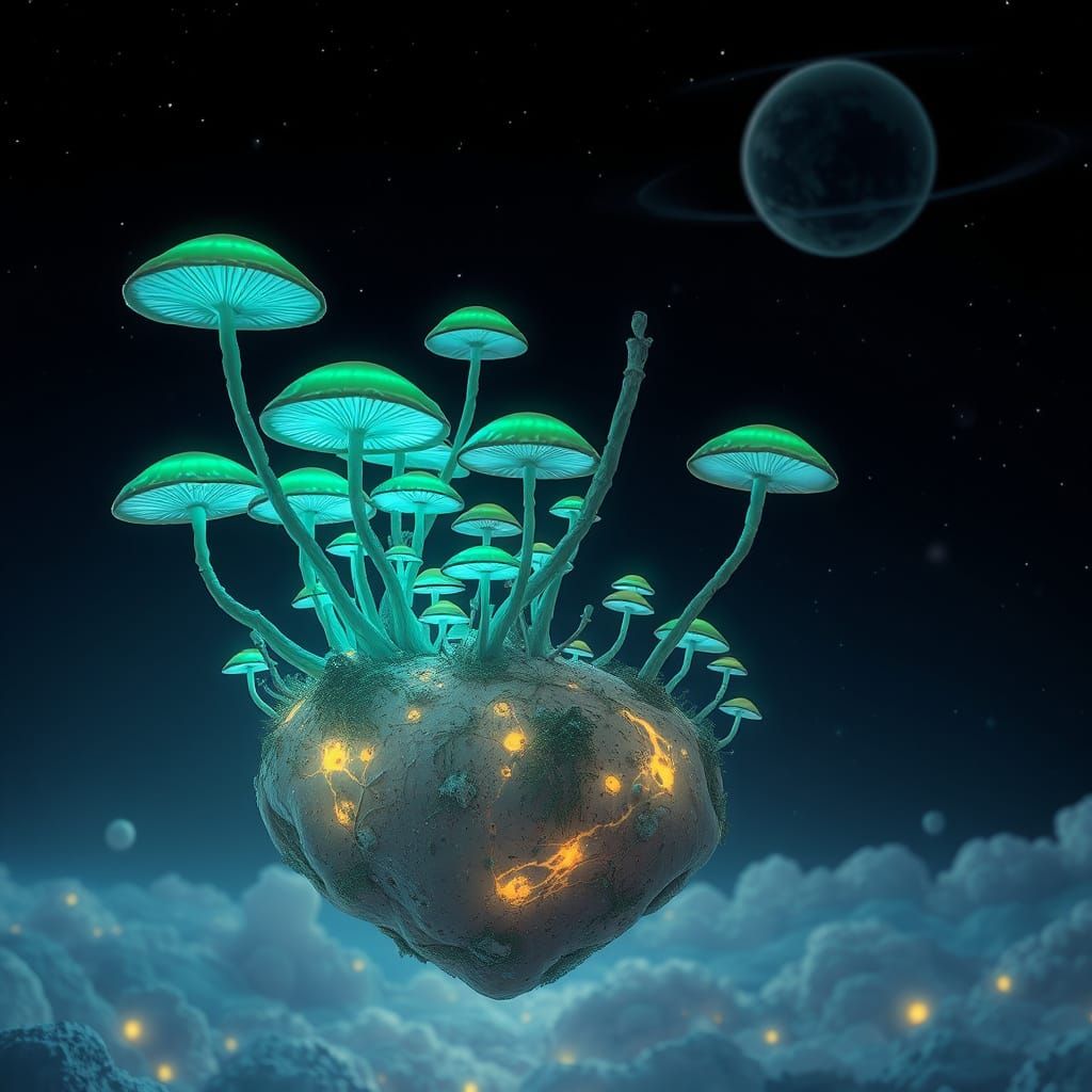 Bioluminescent Mushroom Forest on Floating Islands in Starry...