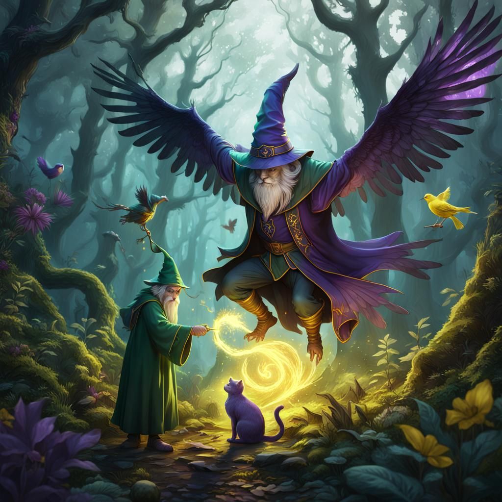 Wizard Transforms Cat into Bird: Fantasy Concept Art