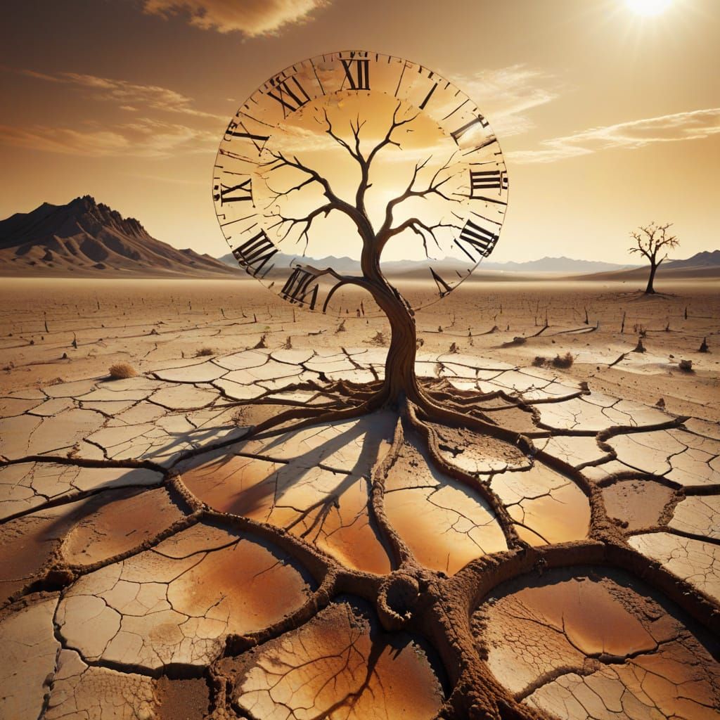 Surreal Desert Landscape with Melting Clock