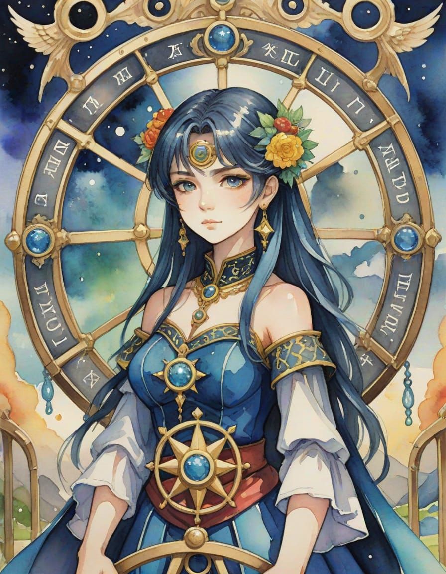 Anime Watercolor Tarot Card: Wheel of Fate Unfolds