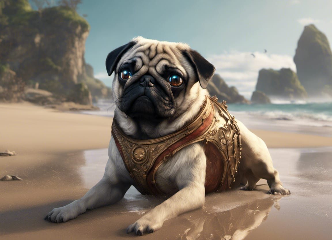 Pug's Beach Day: Detailed Matte Painting in 8K