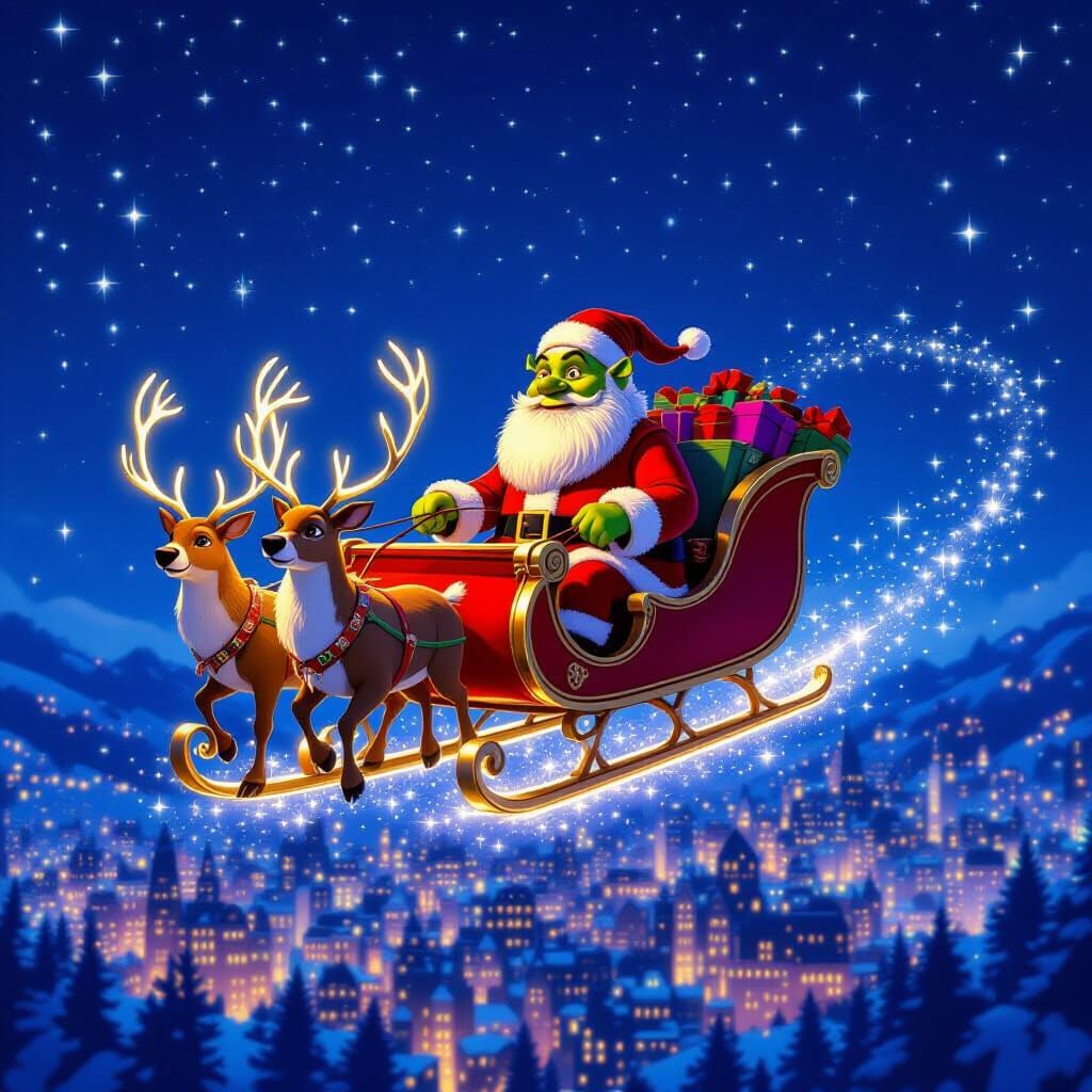 Shrek as Santa Rides Sleigh Over City at Night