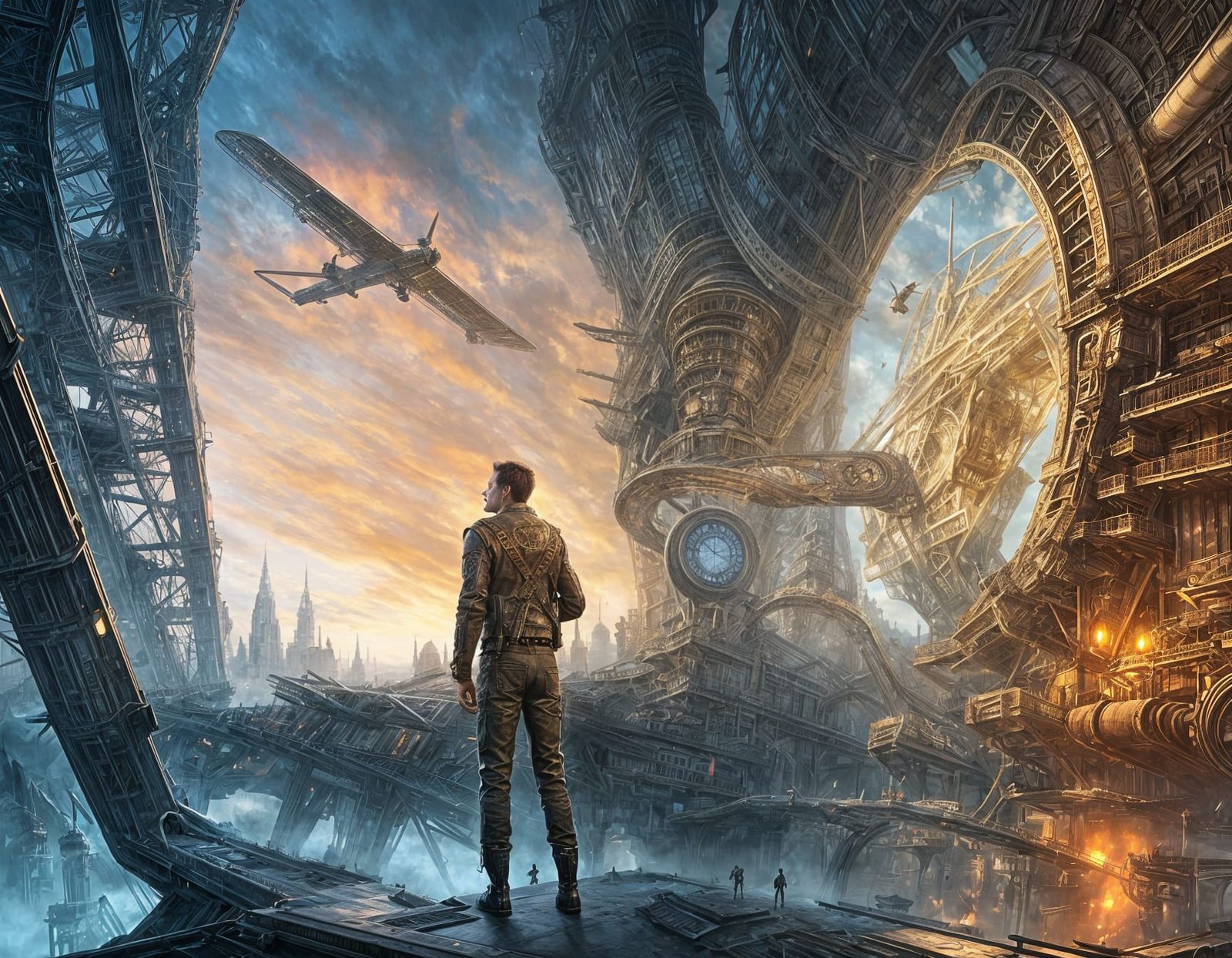 Steampunk Adventurer at Futuristic Zeppelin Dock