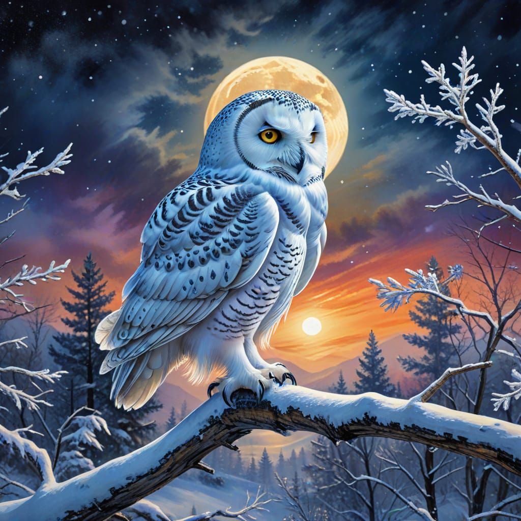 Ethereal Snow Owl in a Moonlit Winter Landscape