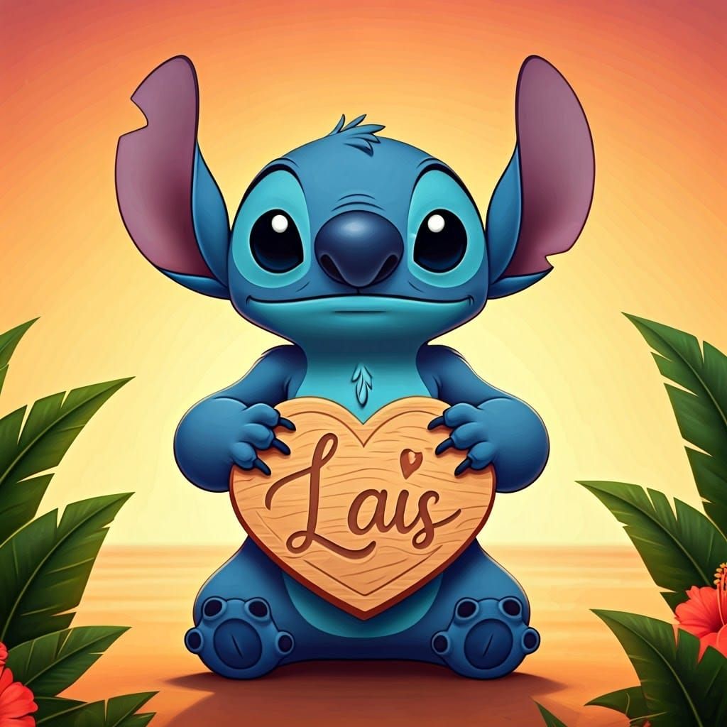 Stitch Holding Heart on Hawaiian Beach, in Illustrative Styl...