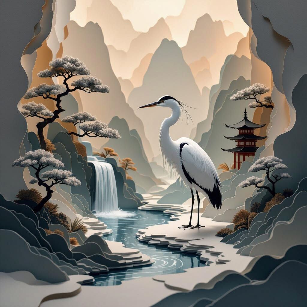 Elegant Heron in Abstract Paper Zen Garden