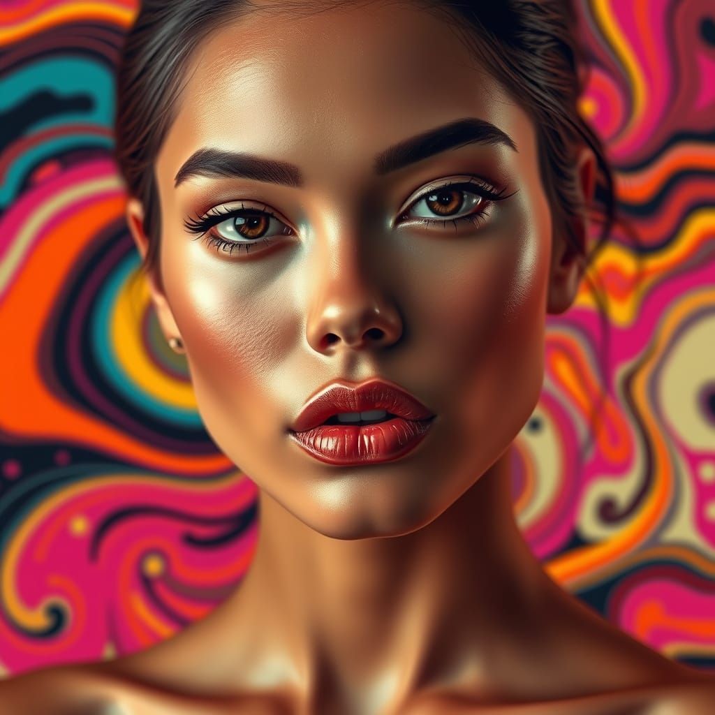 Glamorous Supermodel in Vibrant, Swirling Patterns