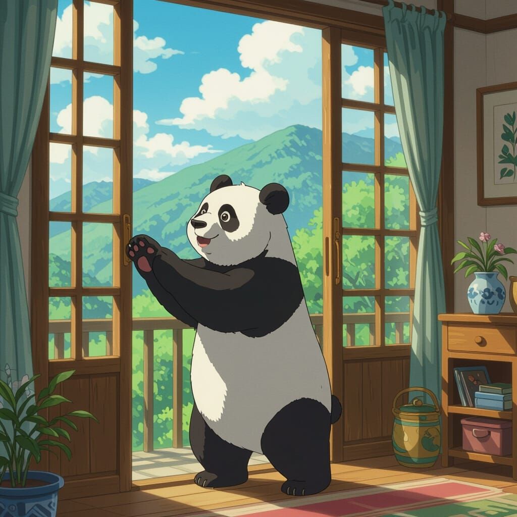 Panda Mother Opens Window in Ghibli Anime Style