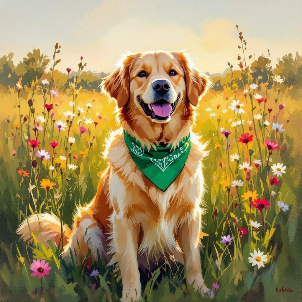 Golden Retriever in Green Bandana, Impressionistic Oil Paint...