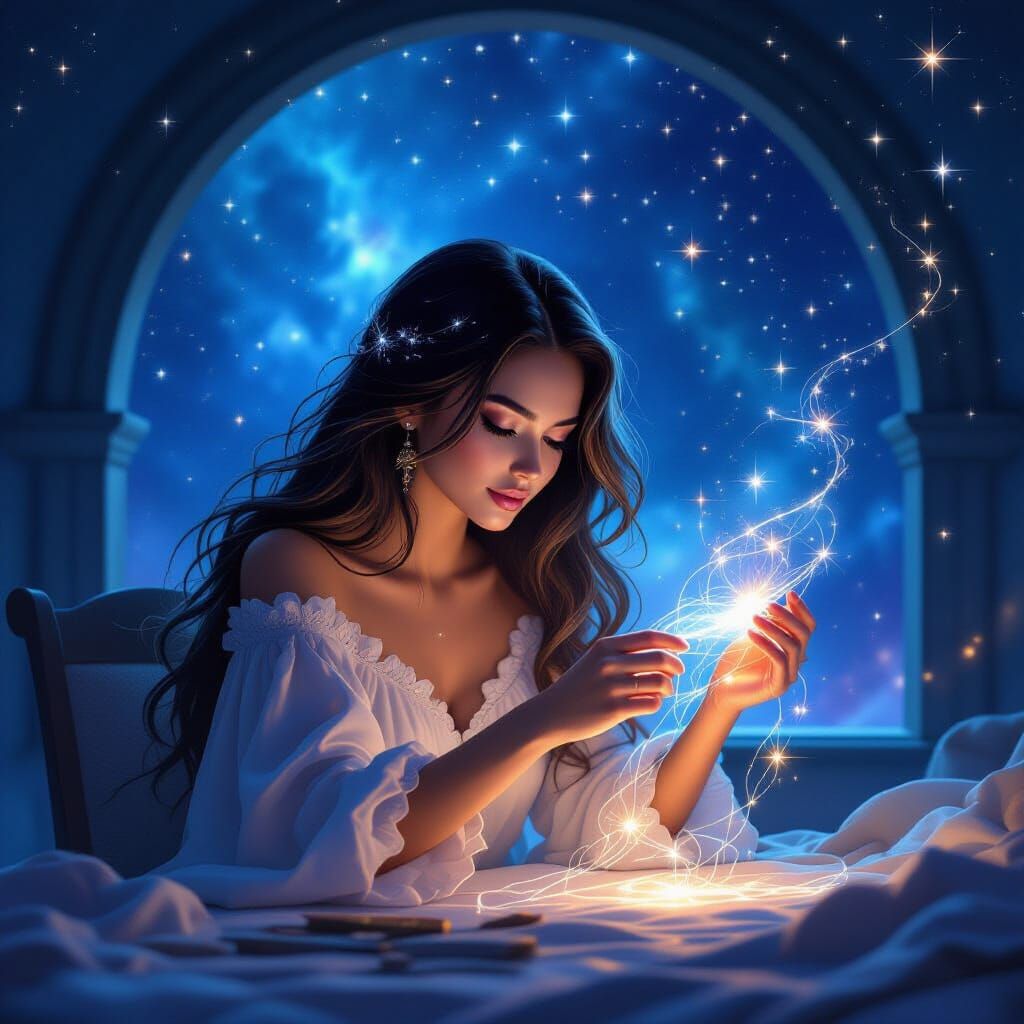 Woman Weaving Starlight in Celestial Observatory