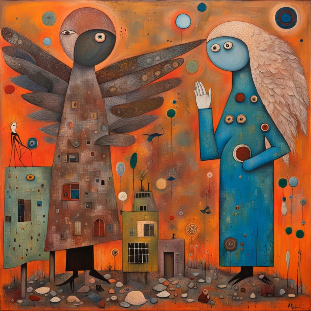 Annunciation Painting in Folk Art Style