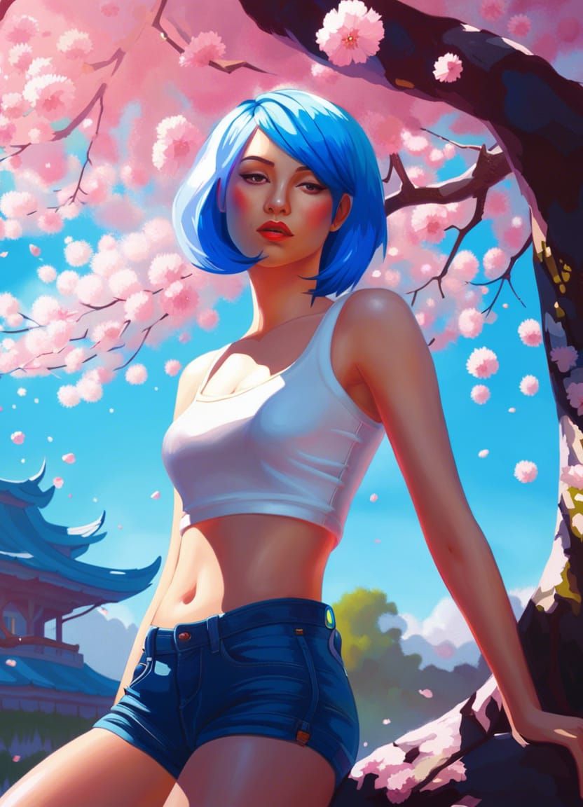 Girl with Blue Hair Under Cherry Blossom Tree