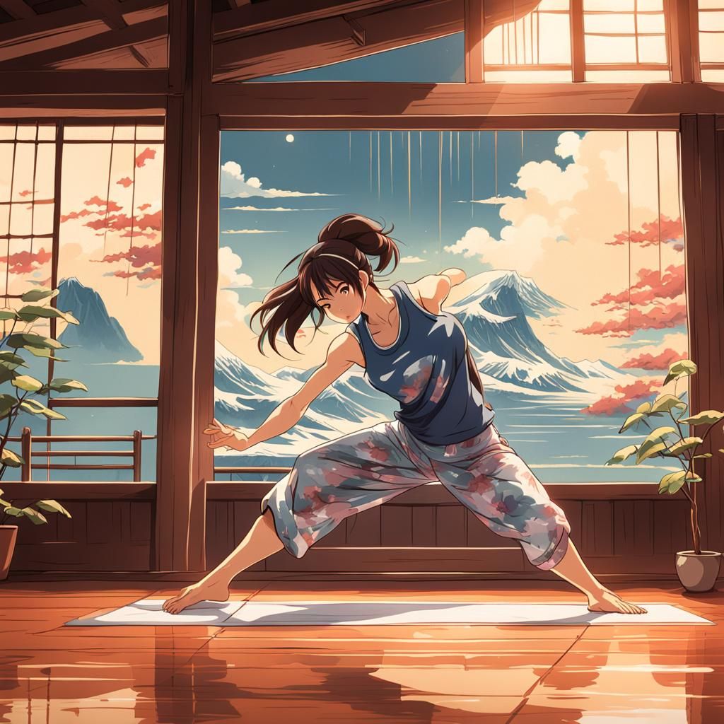 Anime Woman in Plank Pose by Ghibli Artist