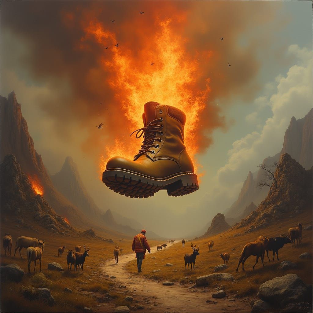 Surreal Firefighter Boot Extinguishes Mountain Wildfire