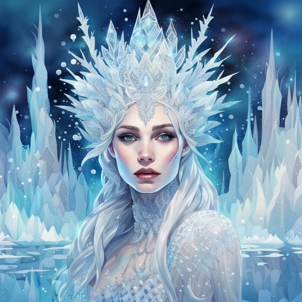 Ice Queen in Winter Landscape: Impressionist Watercolor