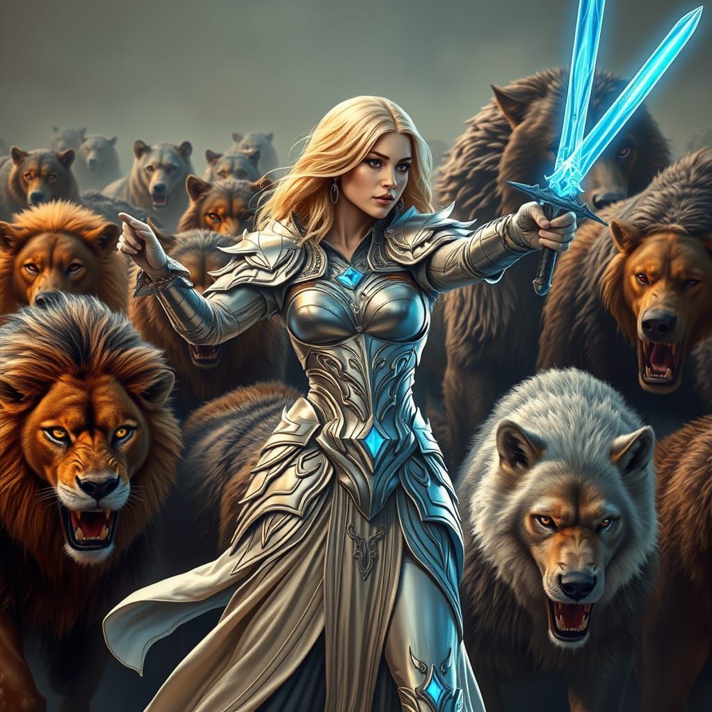 Ethereal Warrior in Metallic Armor Unleashes Electric Blue P...