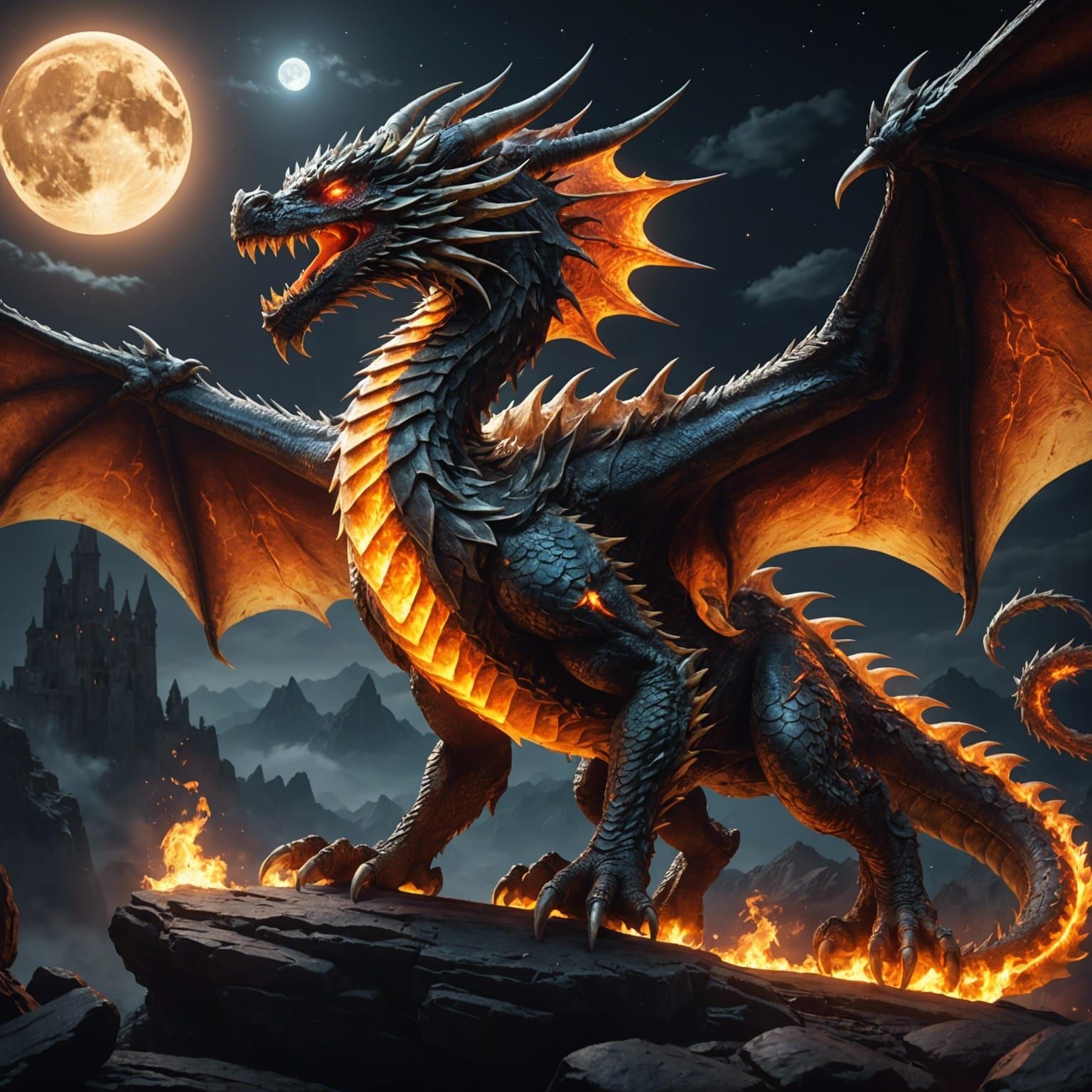 Celestial Fire Dragon Under Full Moon in 3D