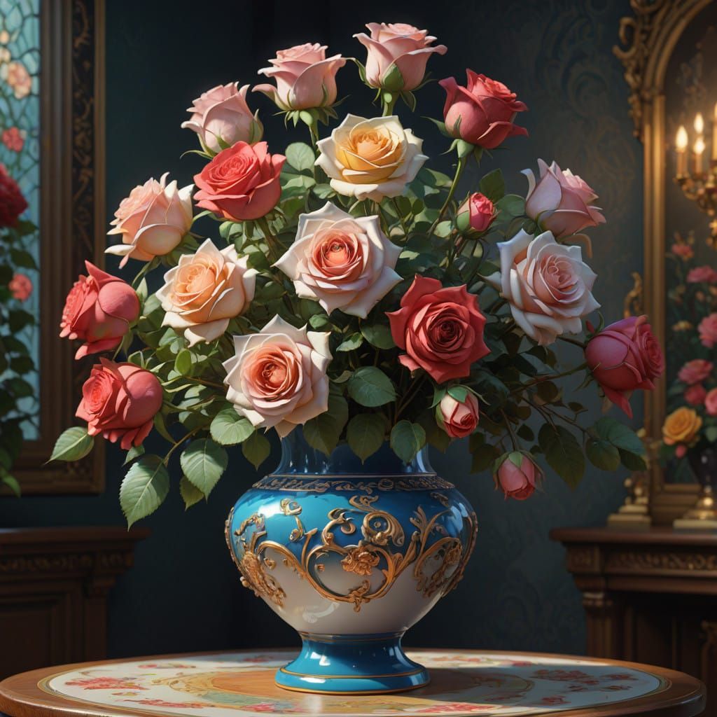 Roses in Vase: Hyperdetailed Artgerm-Inspired Portrait
