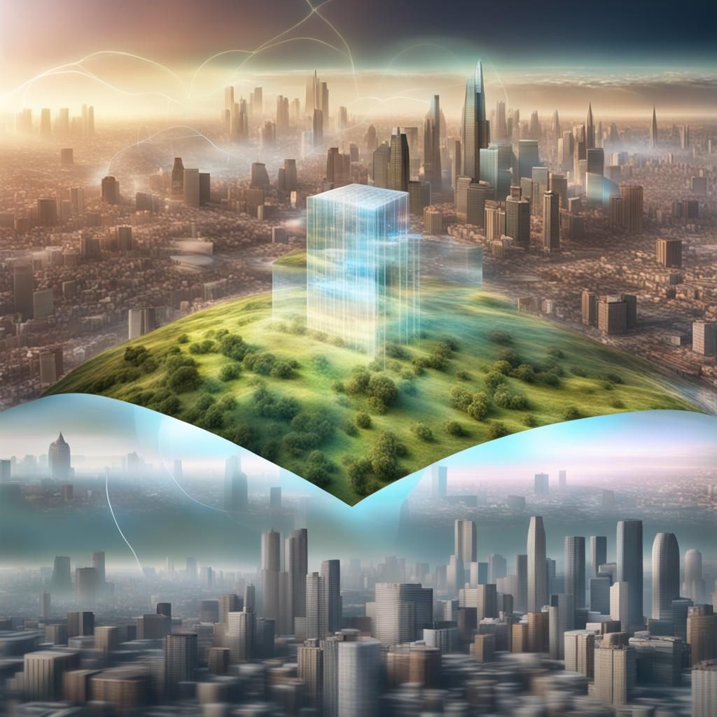 Holographic Visual Illusion: Pastoral Landscape Over Citysca...