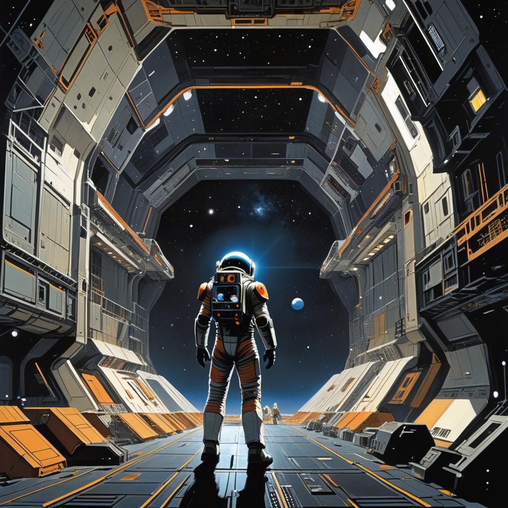 Retro-Futuristic Spaceman on Spaceship to Nebula