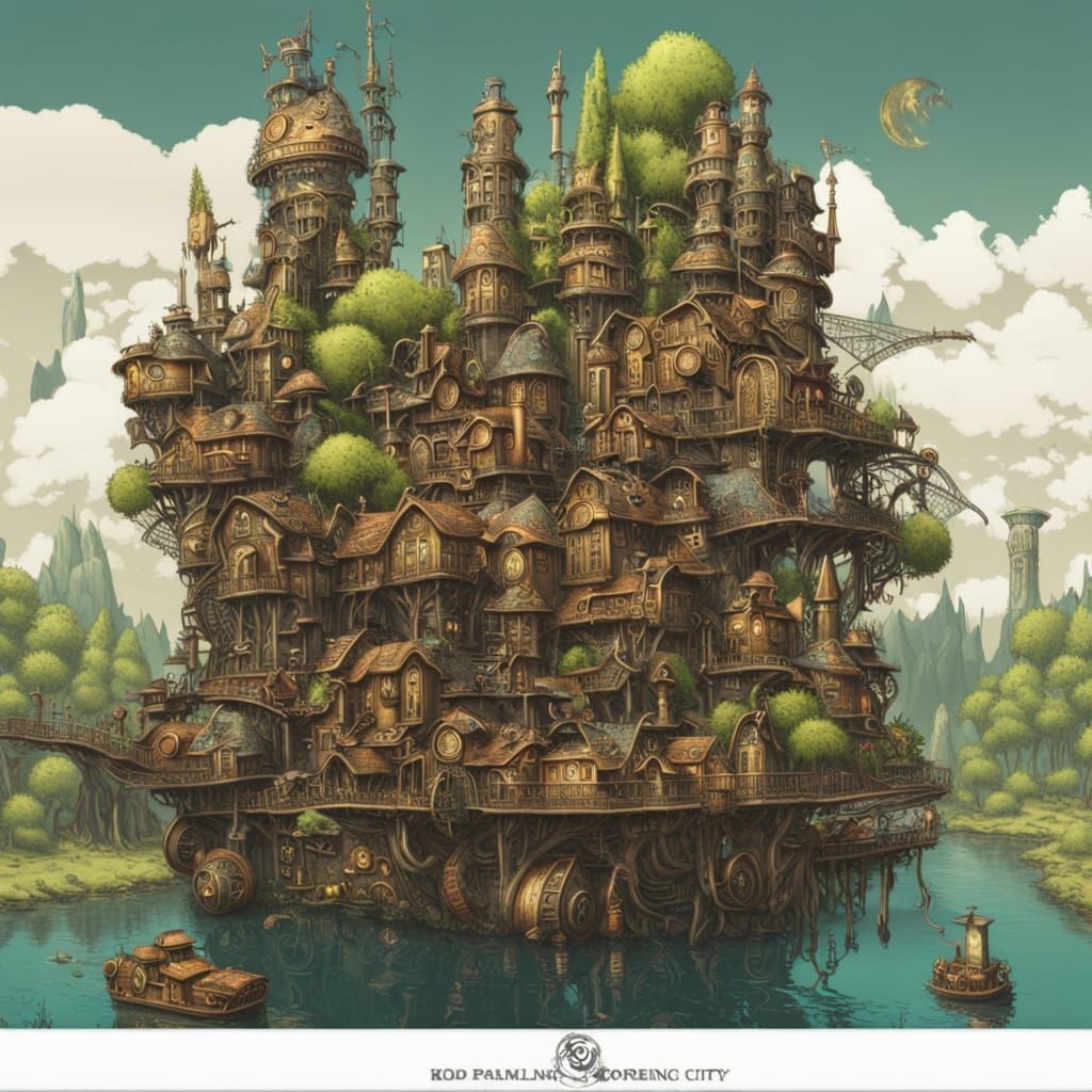 Steampunk City Suspended Above a Forest River