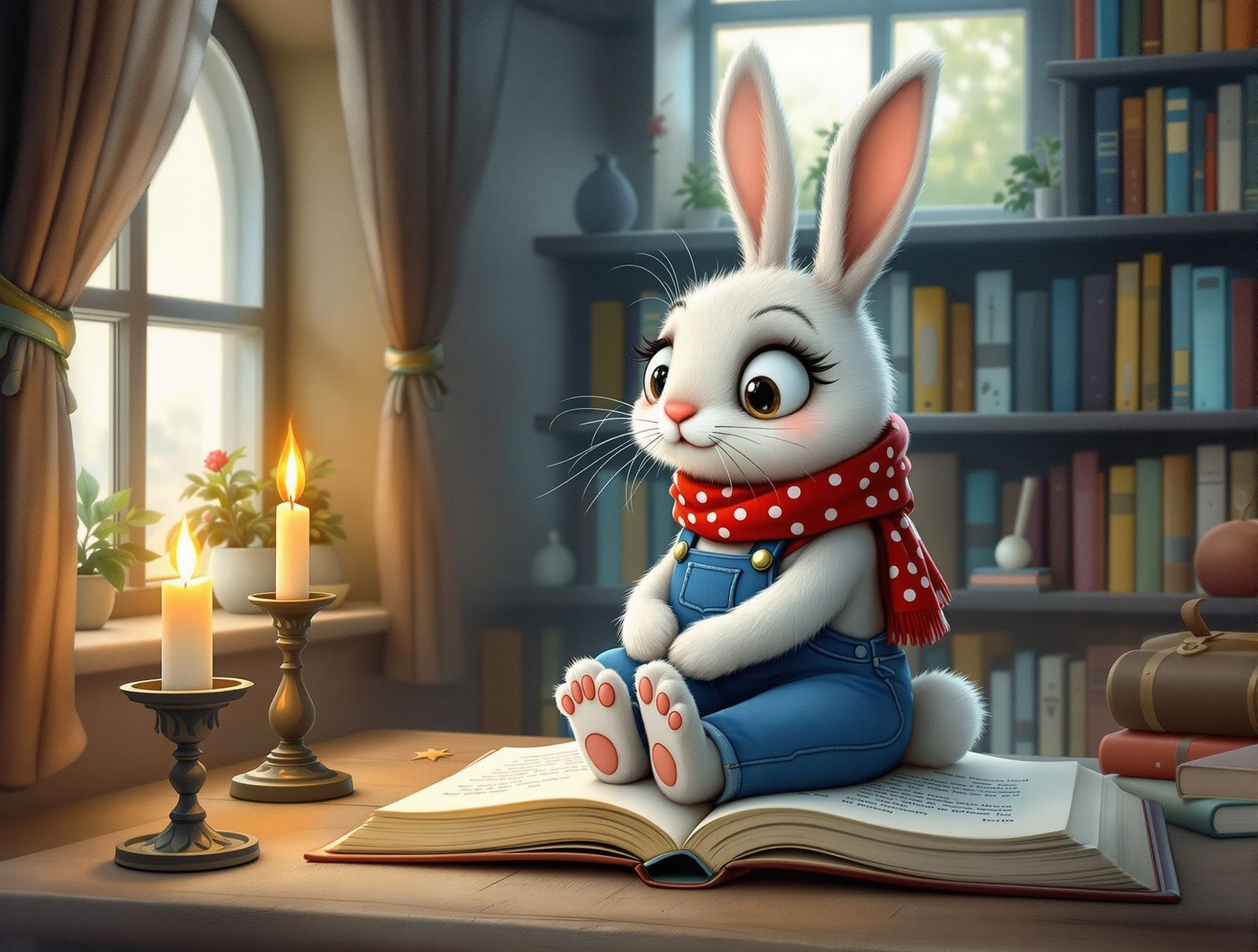 Whimsical Rabbit in Cozy Library