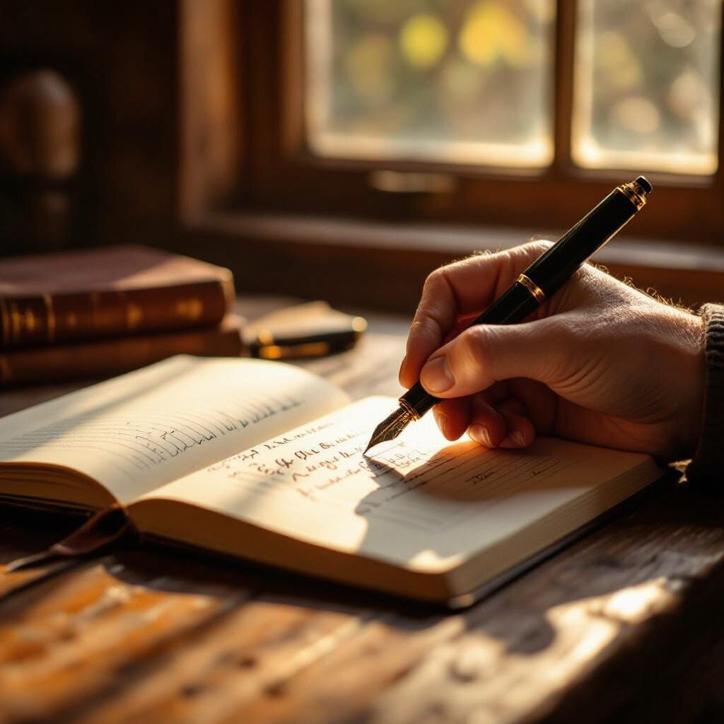 Hand Writing in Journal with Fountain Pen, Golden Sunlight