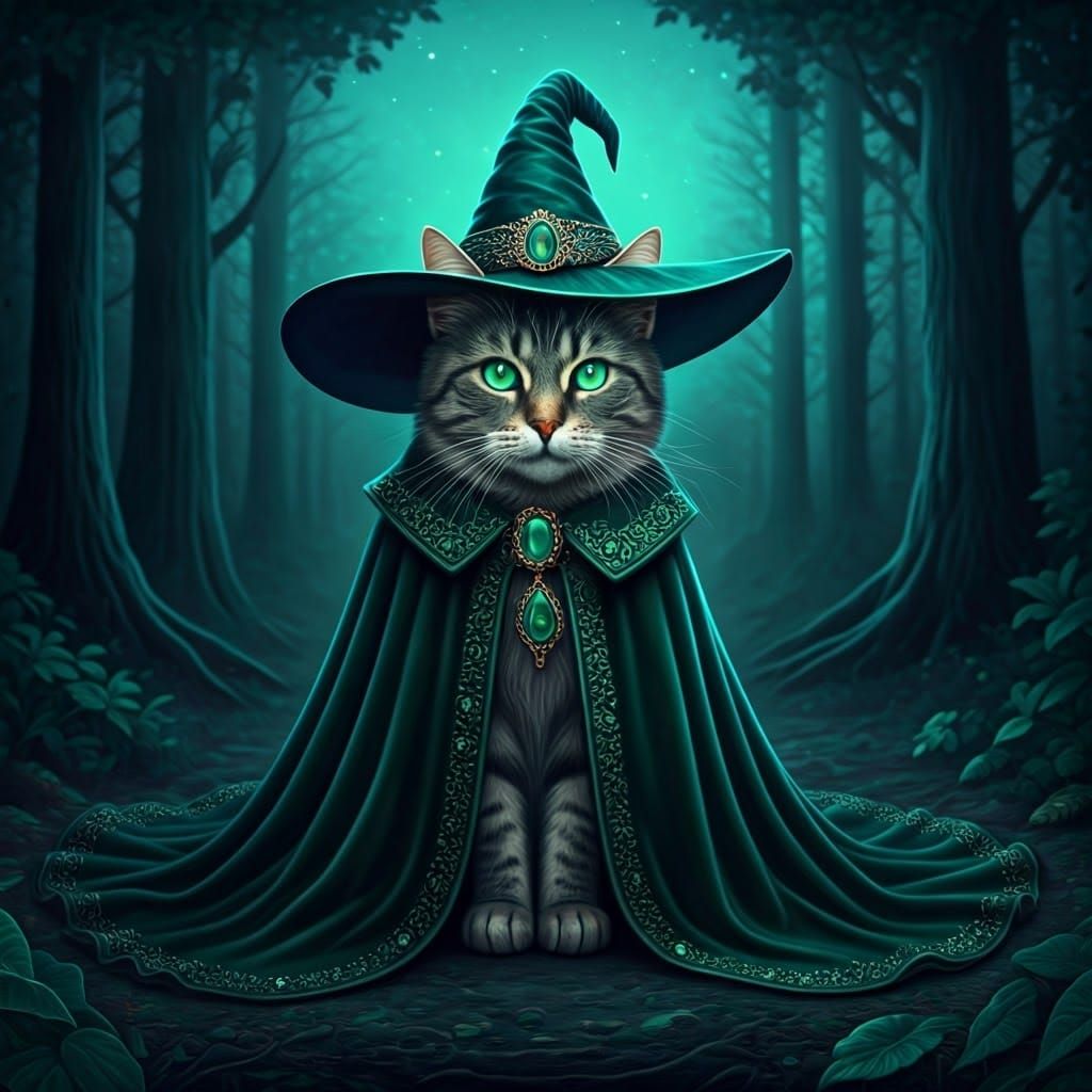 Mystical Emerald Cat in Enchanted Forest