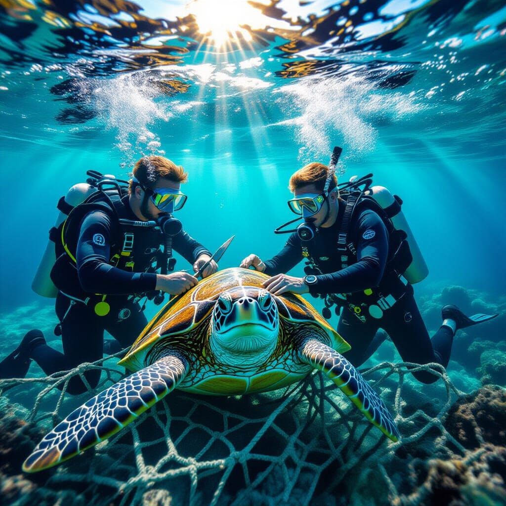 Divers Rescue Sea Turtle From Fishing Net