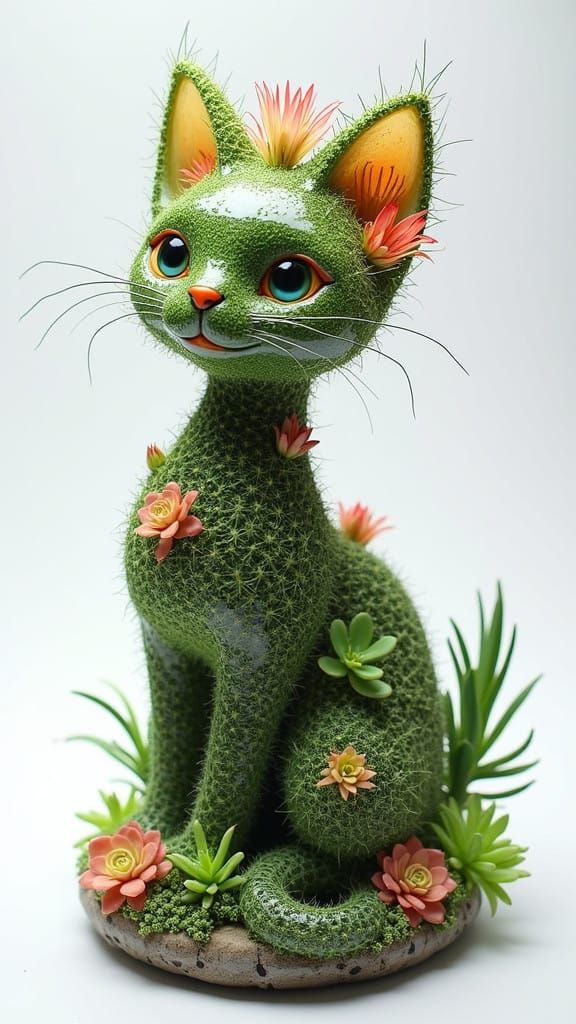 Whimsical Chia Pet Cat in Crystal Clear Plastic with Vibrant...