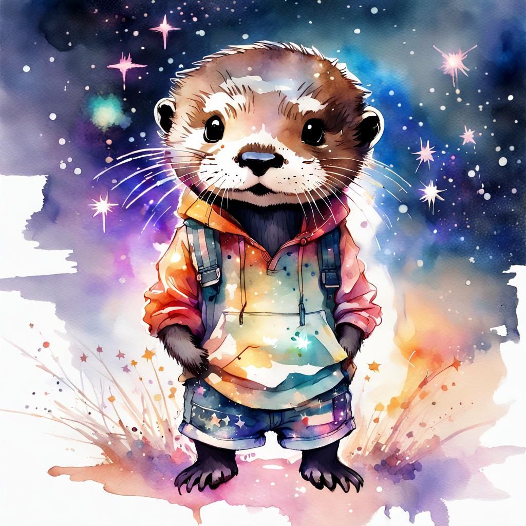 Chibi Otter in Space: Watercolor Illustration