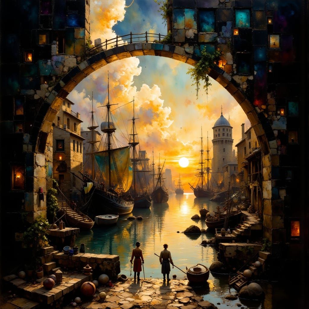 Ancient Harbor at Sunrise in Ultra-Realistic Style