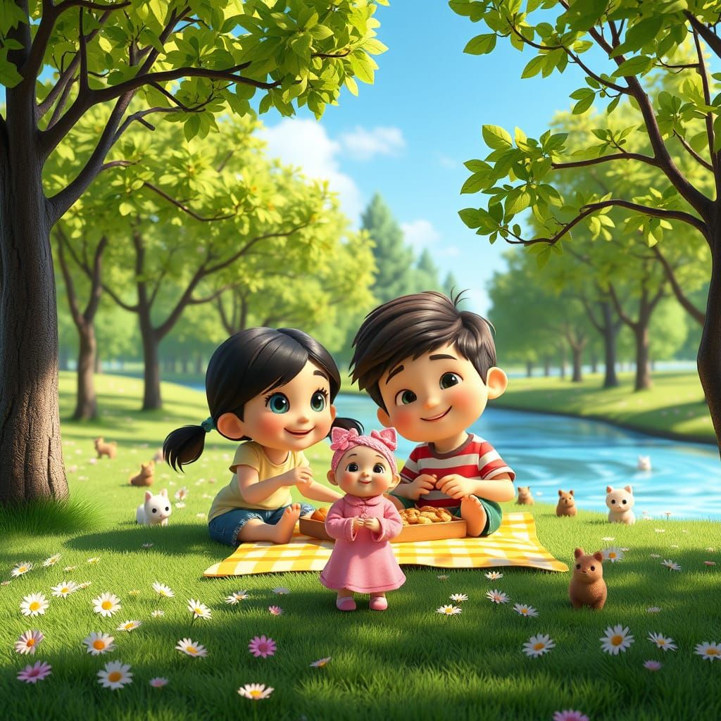 Charming Pixar-Inspired Picnic Scene with Cartoon Characters