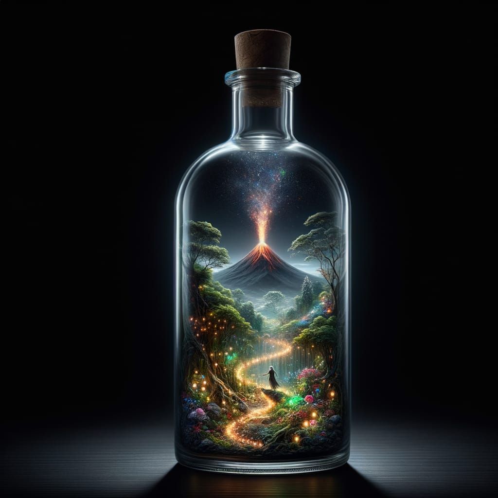A transparent glass bottle on a black background with backlight, the bottle is filled with a fairy garden, and an erupti...
