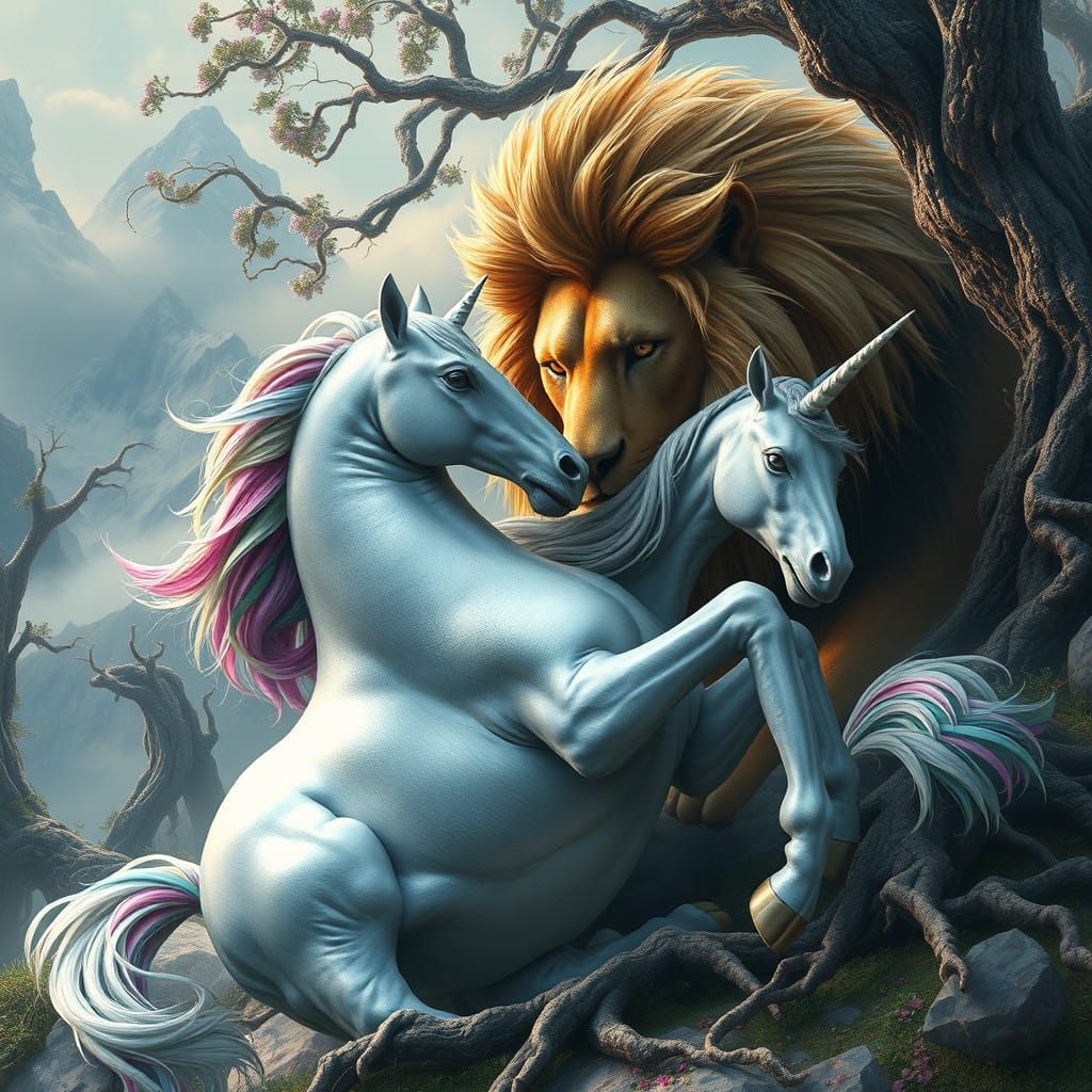 Majestic Lion Slaying Mythical Unicorn in Surreal Dreamlike...