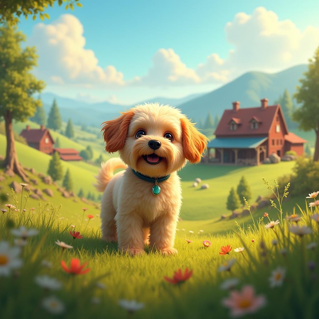 Playful Dog in a Lush Farm Landscape