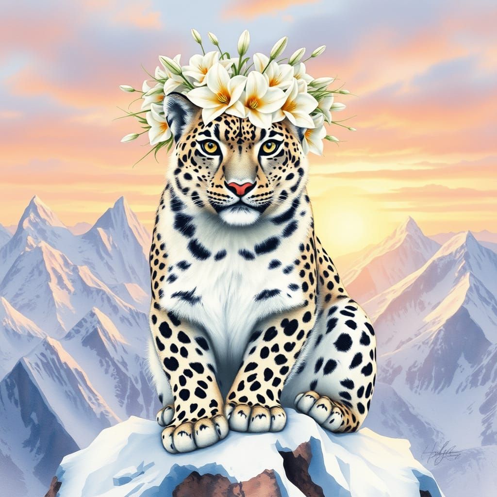Snow Leopard in Floral Crown Watercolor Painting