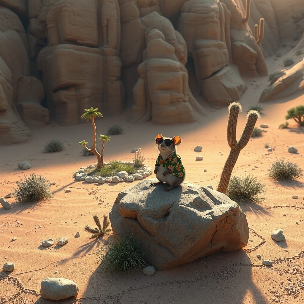 Hyperrealistic Desert Oasis with Sunbathing Mouse