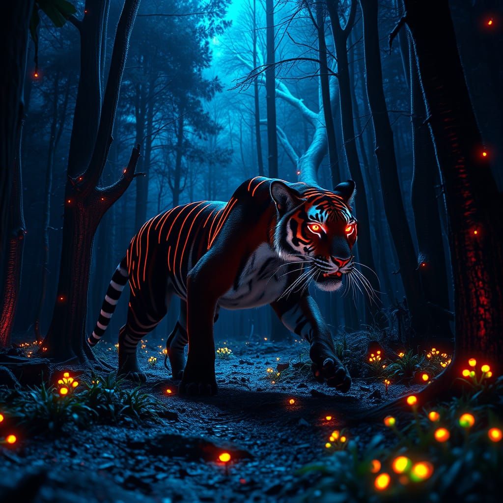 Neon Striped Tasmanian Tiger in Synthwave Forest
