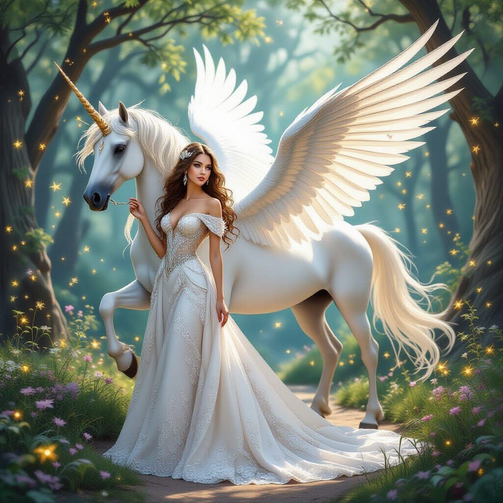 Woman and Pegasus in Magical Forest, Ethereal Illustration