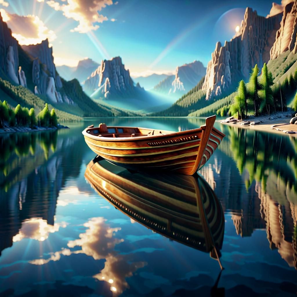 Reflections in Water on a Wood Boat