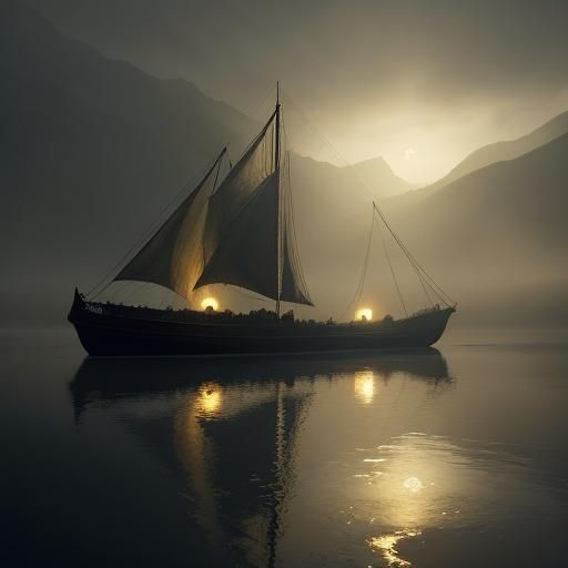 Lone Ship on River Tejo in Dark Surrealism Style